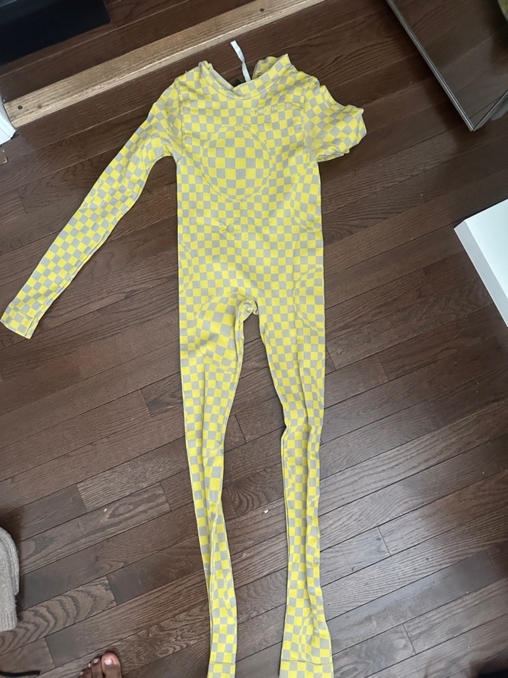 Yellow & Gray Checker woman’s off white One-Piece Jumpsuit